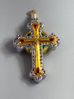 Vintage Glass Old World Christmas Ornament Figurine Orthodox Cross Christian A4